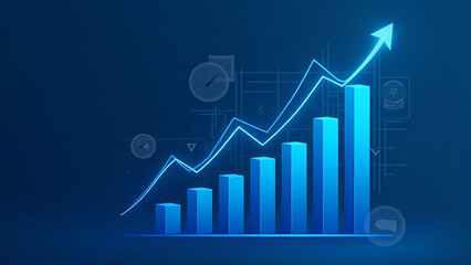 Blue Financial Growth Chart with Upward Arrows and Data Analytics Elements