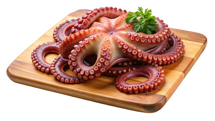 Cooked Octopus on a Wooden Board Garnished with Parsley Ready to Eat