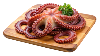 Cooked Octopus on a Wooden Board Garnished with Parsley Ready to Eat