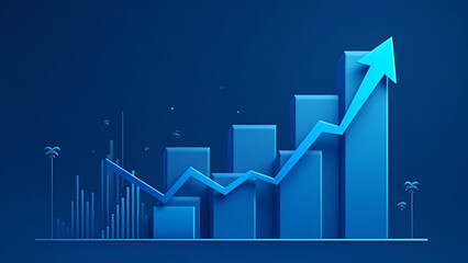 Blue Financial Growth Chart with Upward Arrows and Data Analytics Elements