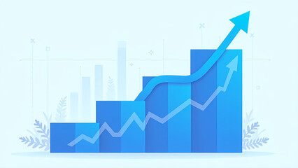 Blue Financial Growth Chart with Upward Arrows and Data Analytics Elements