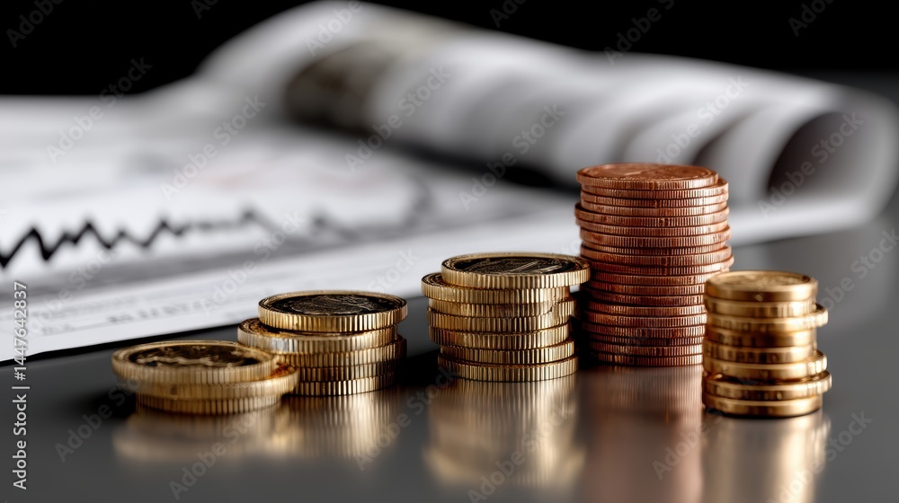 Poster stacks of gold and copper coins on reflective surface with financial document in background