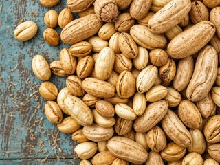 Obraz premium Close-up of Unshelled Peanuts, Top View Background