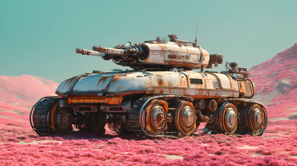 Fototapeta premium Futuristic combat vehicle explores unknown terrain on a desolate alien planet surface expedition