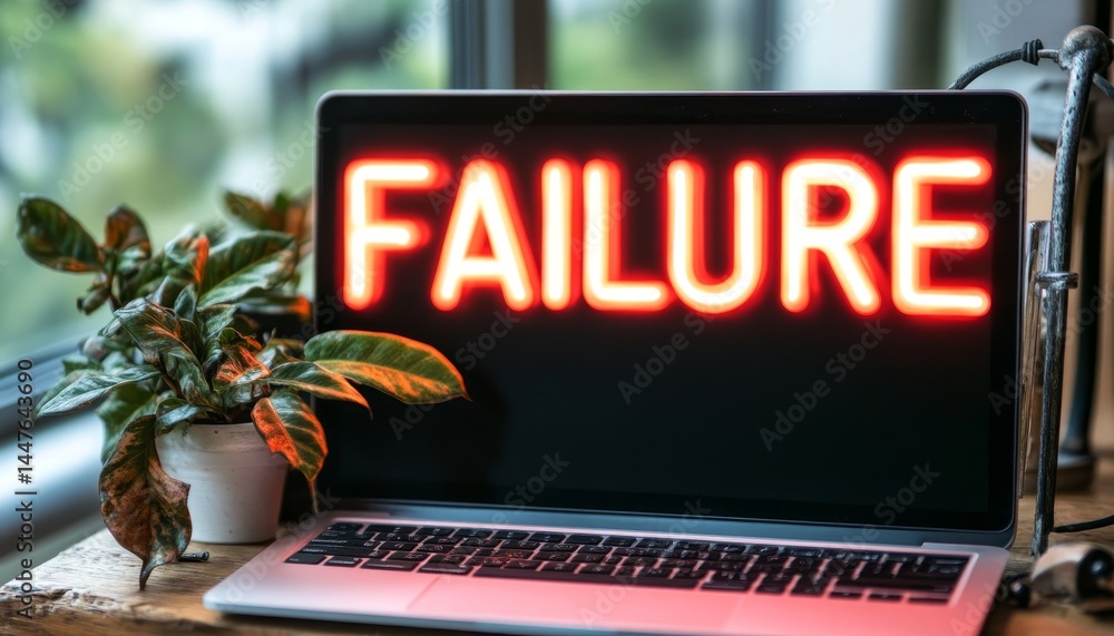 Poster laptop with glowing neon sign displaying failure message, concept of setback and error