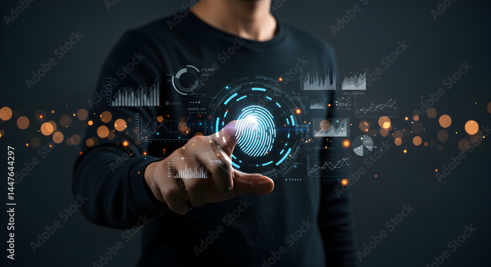 Poster man's hand interacting with holographic fingerprint technology interface displaying data on dark bac