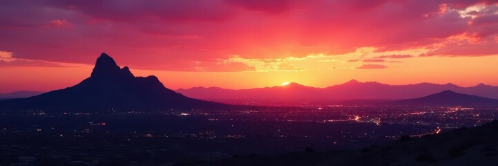 Fototapeta premium Camelback Mountain silhouette at sunset, Phoenix skyline visible , clouds, arid
