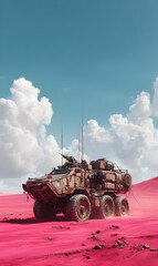 Armored fighting vehicle navigates vibrantly colored terrain under serene azure sky and fluffy clouds