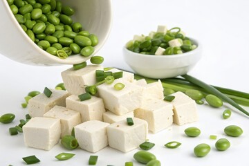 Dropping tofu cubes, edamame, and green onions in a vibrant food scene.