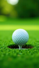 Obraz premium Golf ball nestled in the cup on a lush green putting surface , round, play