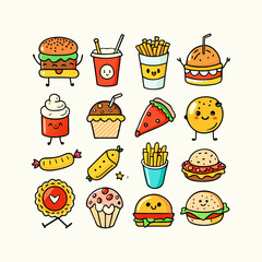 Cute Cartoon Fast Food Icons Set