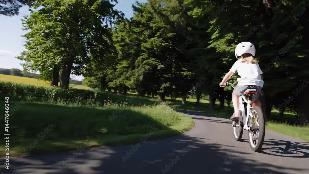 Poster A dynamic video captures a child cycling on a tree-lined path, shot from a low rear angle, emphasizing speed and adventure in a natural setting.
