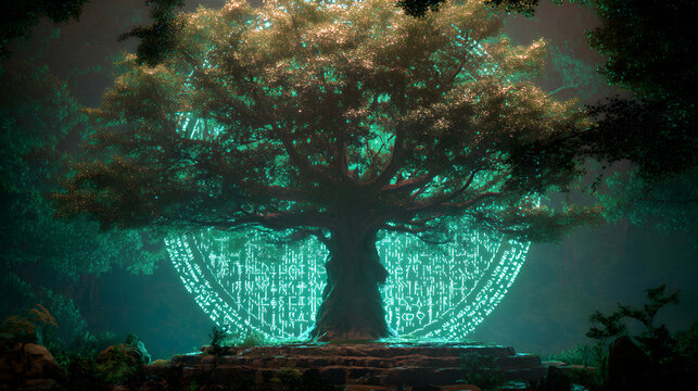 Mystic guardian emerges from digital forest realm revealing ethereal runes of ancient knowledge