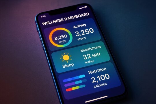 Daily Wellness Dashboard Showing Activity Levels, Mindfulness Minutes, Sleep Duration, and Nutritional Intake for Better Health Management