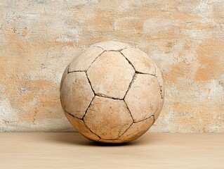 Aged Tan Leather Soccer Ball on Beige Textured Background