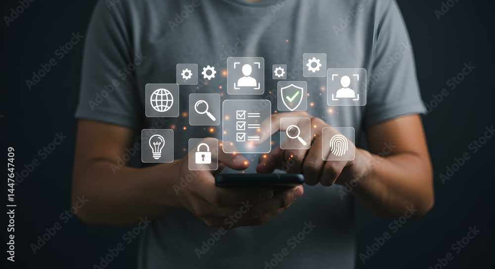 Poster young man tapping smartphone with data icons on gray background represents digital transformation an