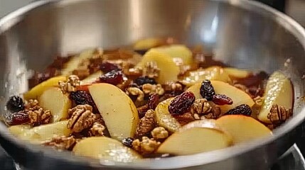 Fototapeta premium Apple strudel filling of apples, walnuts, raisins mixed in pan with butter