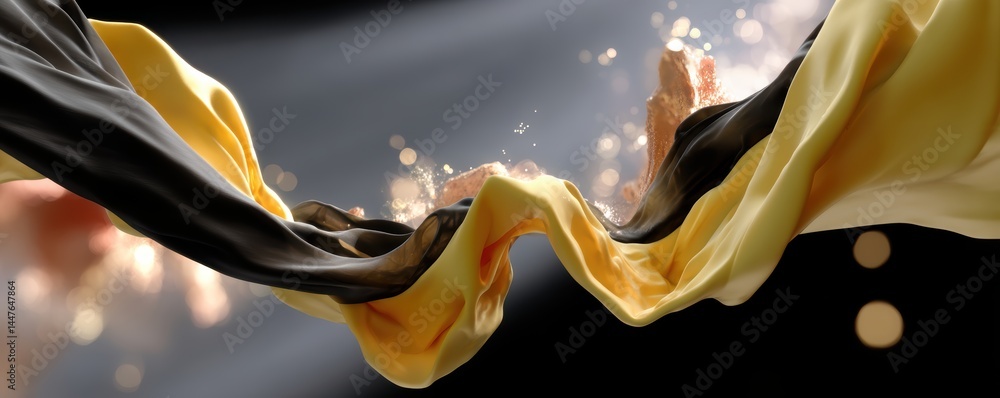Poster dynamic flow of black and yellow silk fabric with sparkling particles in motion