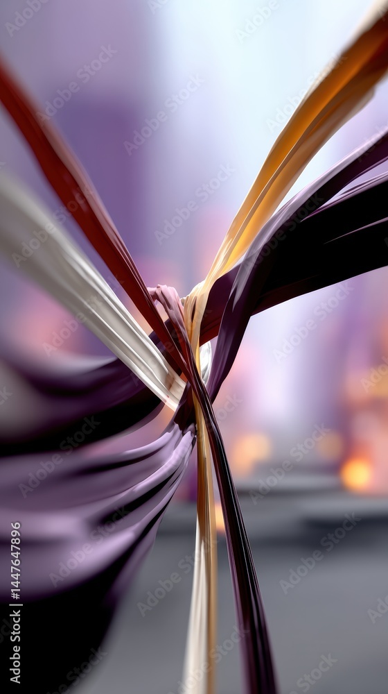Poster dynamic abstract twisting strands in motion with purple and orange hues