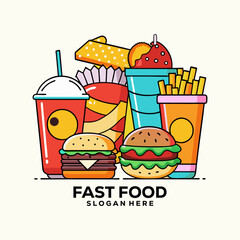 Colorful Fast Food Set with Burgers, Fries, and Soft Drinks