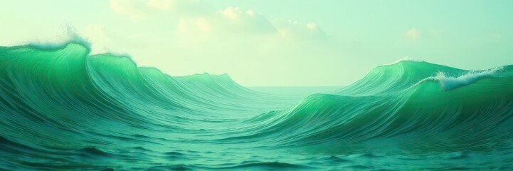 Obraz premium Abstract green wave forms blend seamlessly with a serene landscape painting , clouds, website, waves