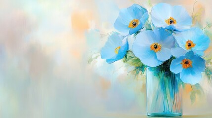 Vibrant blue glass vase holds several bright blue irises with yellow centers against an abstract backdrop of blended colors. Beautiful oil painting on a large canvas.