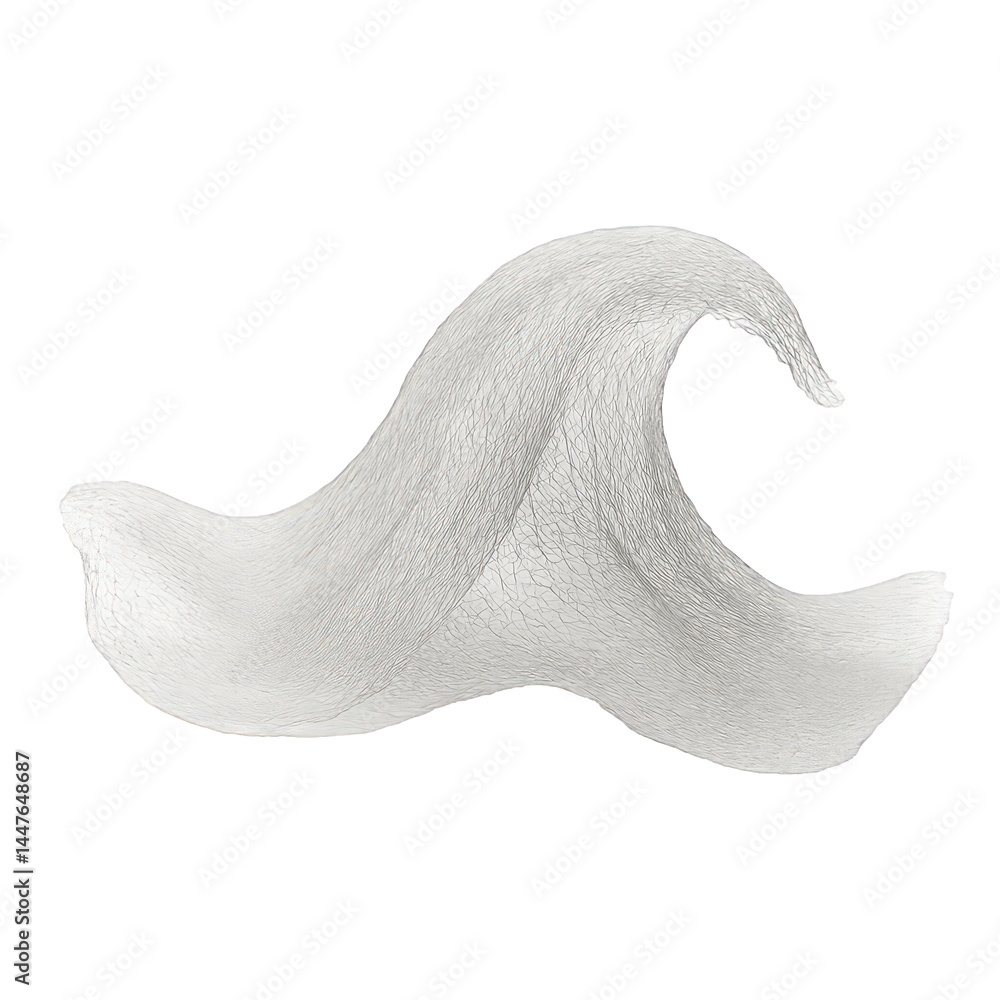 Poster translucent silver mesh intricately sculpted into a flowing, dynamic wave shape, highlighted by ligh