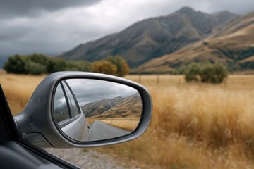 Mountain View in Car Mirror on Rural Road