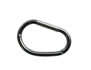 Close-up of a metallic carabiner on a transparent backdrop