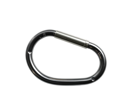 Close-up of a metallic carabiner on a transparent backdrop