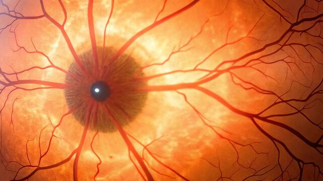 Close up of human retina revealing intricate neural and blood vessels, pulsing with vibrant colors and macro details.