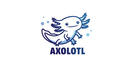Fototapeta premium Friendly cartoon axolotl logo drawn with simple blue lines. The word AXOLOTL sits below the smiling amphibian, surrounded by tiny bubbles.