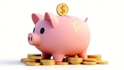 3D Illustration of Pink Piggy Bank with Stacked Gold Coins – Transparent Background, High-Resolution PNG