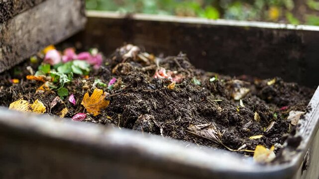 Organic waste decomposition in wooden compost bin with colorful food scraps