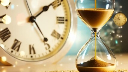 Explore the beauty of time with this elegant video. A serene hourglass and clock remind us to appreciate each moment. Perfect for relaxation and mindfulness. AI