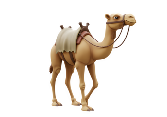 Realistic 3D Camel with Harness and Saddle - Detailed Qurbani Desert Animal Model Ready for Riding, Eid ul Adha, Isolated White Background