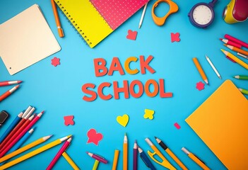 Back to school stationery flat lay Colorful school supplies arranged on a blue background  Plenty of copy space,  rulers,  crayons