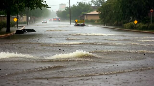 Torrential rain floods urban street, cars navigate rising waters