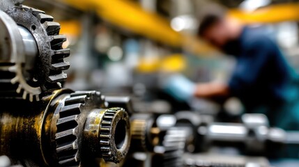 Fototapeta premium Close-up of intricate gears in a factory setting. A technician works in the background