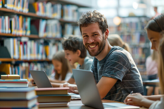 Innovative education approach combining laptops and books to enhance learning experience in a modern library environment, showcasing the harmonious integration of technology and traditional teaching m