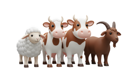 3D Cartoon Sheep and Goats Facing Forward for Eid - Cute Farm Animal Characters Group, Qurbani Sacrifice, Isolated Transparent Background PNG