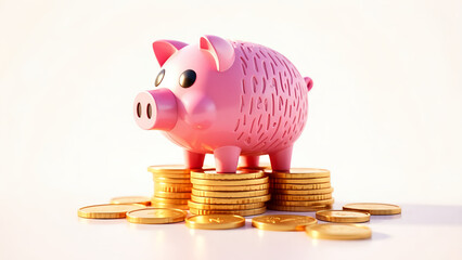 3D Illustration of Pink Piggy Bank with Stacked Gold Coins – Transparent Background, High-Resolution PNG