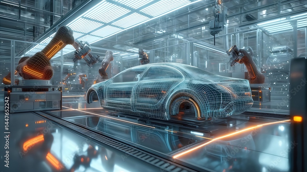 Aufkleber 未来の自動車製造工場の近未来的なビジョン 光り輝く金属の車とロボットアームの作業シーン