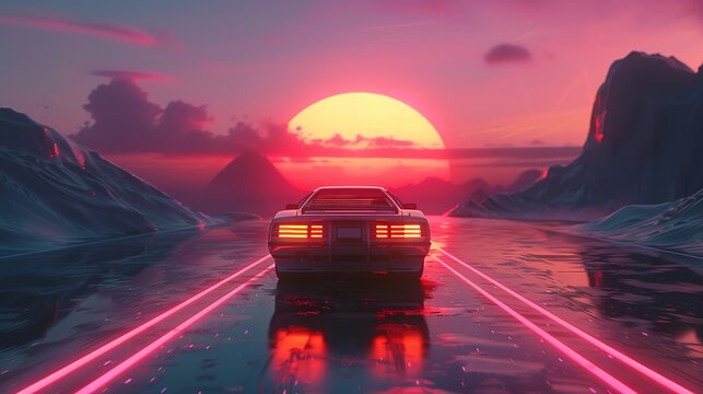 80s retro futuristic drive with vintage car. Stylized sci-fi landscape race in outrun VJ style, night sky, Ai Generative.
