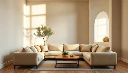 Beige sofa, lime wash wall, olive tree in clay pot, recessed alcove, bright minimalist living room, olive tree, beige sofa