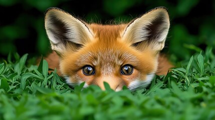 Obraz premium Adorable Red Fox Kit Peek-a-Boo in Lush Green Grass