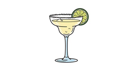 A stylized vector of a margarita glass with lime slice in thin lines of a clean white background for Cinco de Mayo
