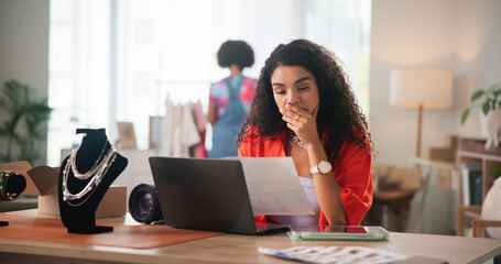 Startup, jewelry and woman with documents on laptop for small business, ecommerce and finance...