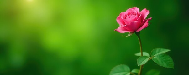 Obraz premium Single pink rose on long stem, lush green foliage , rose bush, rose flower