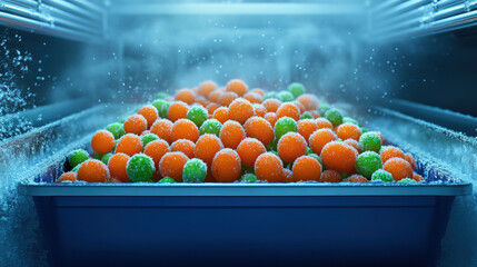 Frozen Vegetables Exiting Tunnel Freezer Frozen Food Factory Production Process Industrial Environment Close-Up Freshness